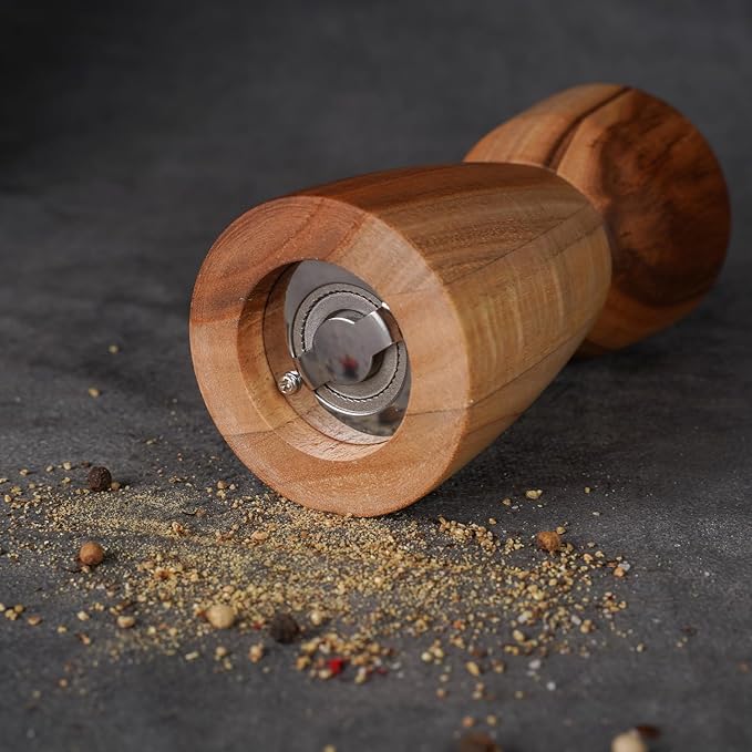 Pepper Grinder, Pepper Mill with Adjustable Stainless Steel, Acacia Wood, 14 cm/5 inch Height, Bottom Dia: 6 cm/2.36 inch (Tray is NOT Included)