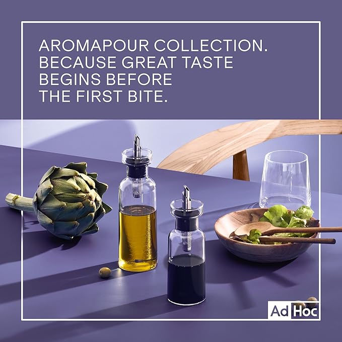 AdHoc AromaPour - Oil & Vinegar Dispenser - No-Drip Liquid Bottle for Kitchen - Airtight Design with Stainless Steel Filter - Offers Healthy & Fresh Flavor - Dispenser Set (2 Pack)
