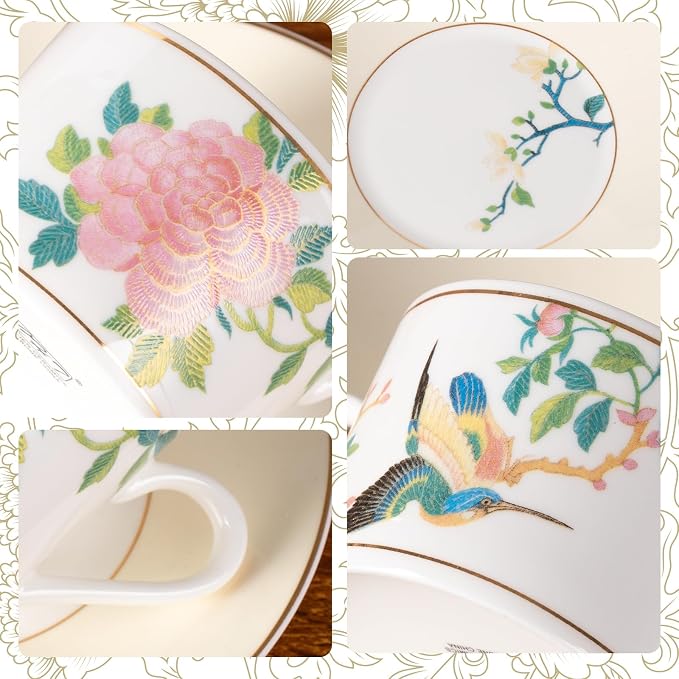 KAMMAK Tea Cups and Saucers Set of 2, Porcelain Coffee Cups, Stackable Espresso Mugs, Ceramic Demitasse for Coffee, Cappuccino, Latte, Americano, Tea, Embroidered Peony