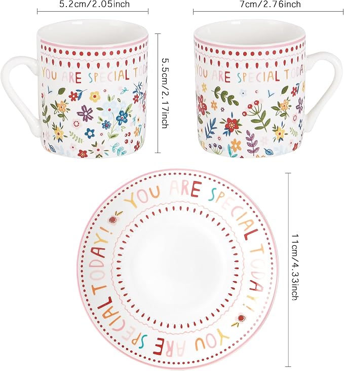 Floral Espresso Cups & Saucers Set of 6, 3oz Small Coffee Mugs, Ceramic Demitasse Cup for Tea, Latte, Espresso Shot Cup for Espresso Machine & Coffee Maker, Women Gifts for Mother's Day, Birthday