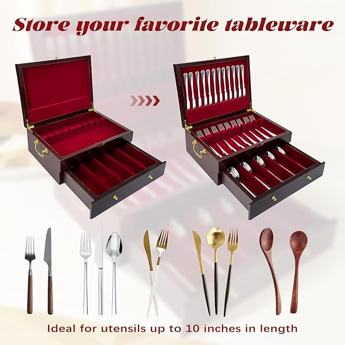 Silverware Storage Box Solid Wood with Lid, 2 Layer Silverware Storage Chest, 15.5'' ×11.5'' Silverware Organizer with Handle and Felt Lined, Chest for Flatware Setting Up 30
