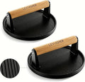 2.2lb Heavy Duty Cast Iron Grill Press, 6.69 inch Smash Burger Press Meat Steak with Wood Handle for Blackstone, Chef, Camp, Panini, Vegetable, Bacon, Sandwich, Nonstick Pan, BBQ, 2 Pack
