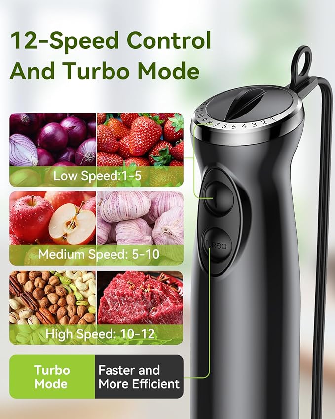 Immersion Blender Handheld Hand Blender, 1000W 5 in 1 Hand Mixer Stick, BPA-Free 12 Speed Handheld Blender 304 Stainless, Mixing Beaker, Chopper, Whisk, Milk Frother, Soup, Smoothies, Baby Food, Sauce