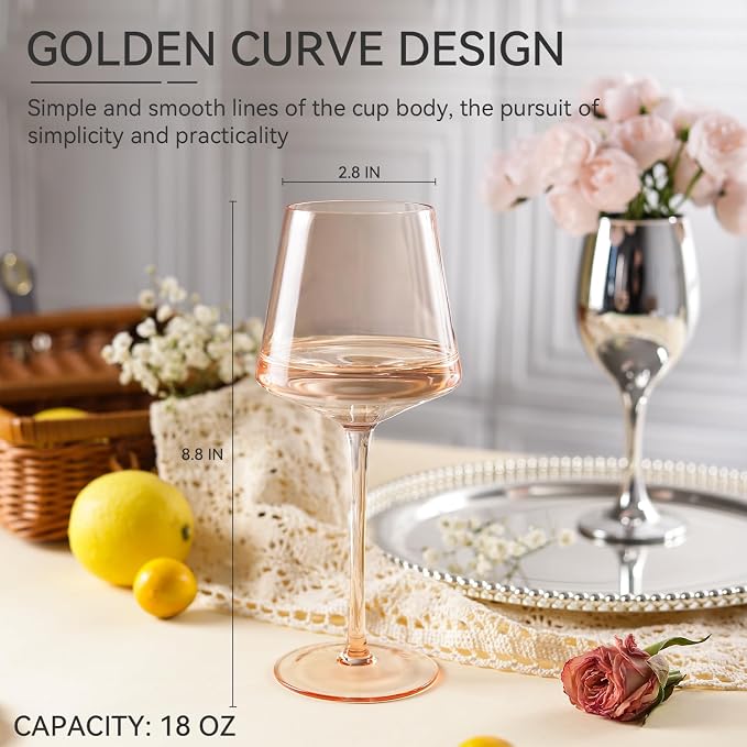Light peach orange Wine Glasses Set of 6,18oz Blush Pink Wine Glassware Gift Set-Pale peach Hand Blown light peachy-orange Glass Drinkware for Red White Wine