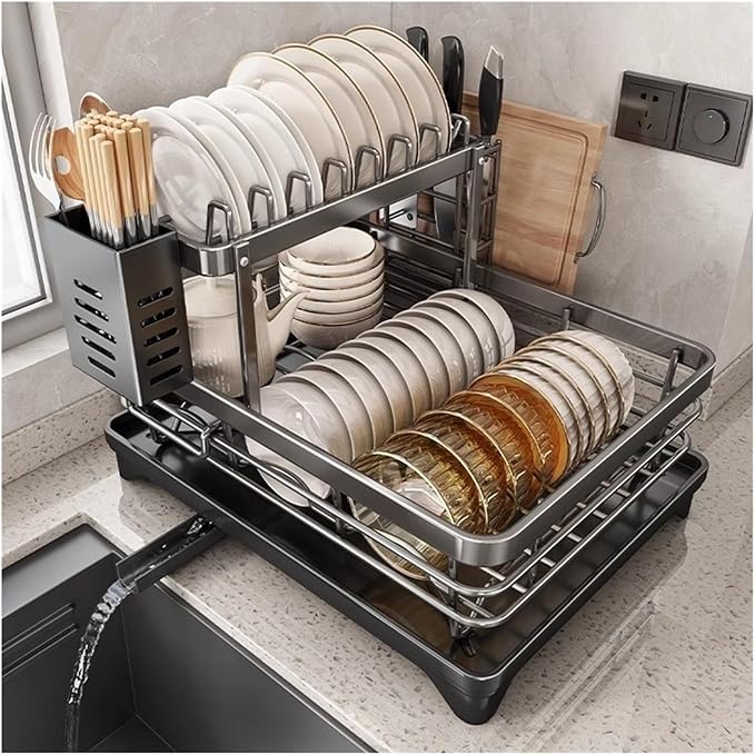 Adjustable Stainless Steel Dish Drying Rack with Drainboard - Over Sink Plate Organizer for Kitchen Storage