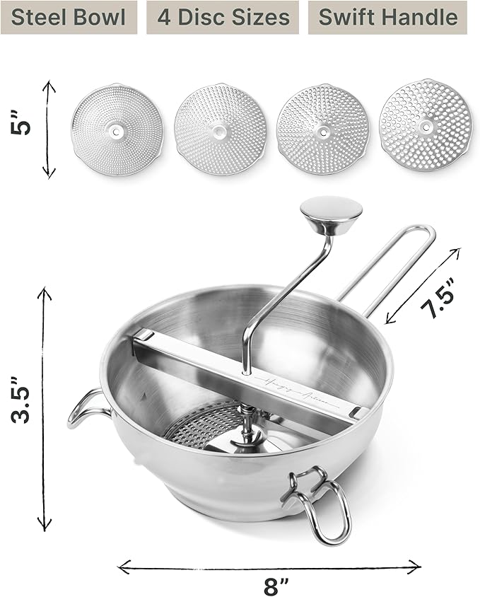 Premium 4-Disc Stainless Steel Food Mill – Ergonomic Rotary Hand Crank for Tomato Sauce, Canning, Applesauce, Baby Food, Mashed Potatoes, Puree & Jams