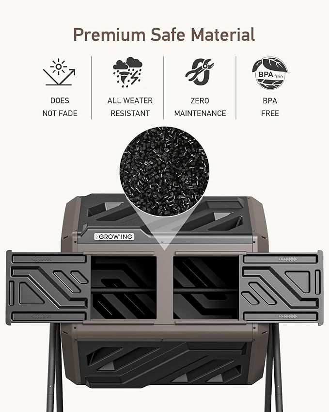 THEGROW'ING 43 Gallon Dual Chamber Compost Bin with Built-in Nuts, Outdoor Rotating Composter Tumbler for Garden Backyard, Brown