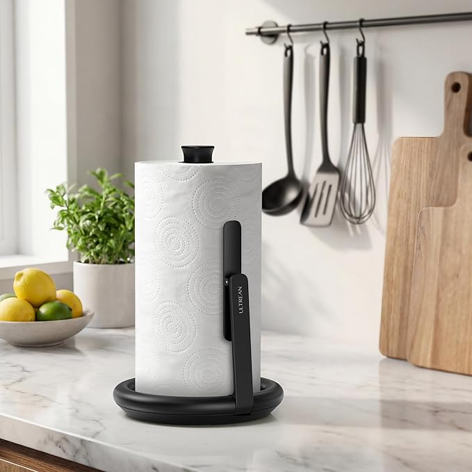 Ultrean Paper Towel Holder Countertop, Freestanding Paper Towel Dispenser with Spring-Loaded Arm for One-Handed Tear, Weighted Non-Slip Base, Stainless Steel for Kitchen, Black