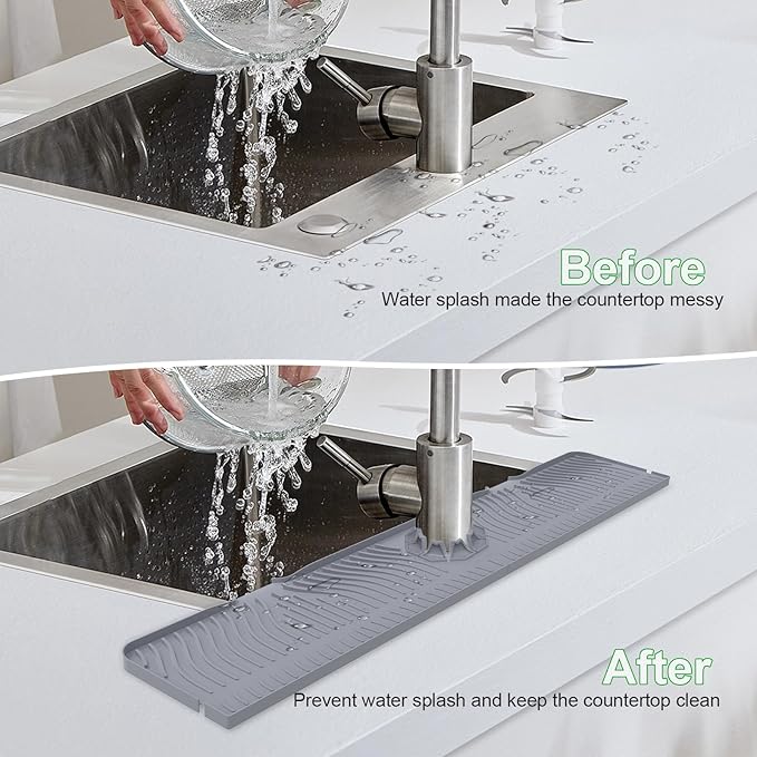 deaunbr 33inch Kitchen Sink Splash Guard Mat,Silicone Material Protects Faucet Handle from Dripping Water,Faucet Mat Splash Catcher,Multipurpose for Kitchen Sink, Sink Sponge Holder