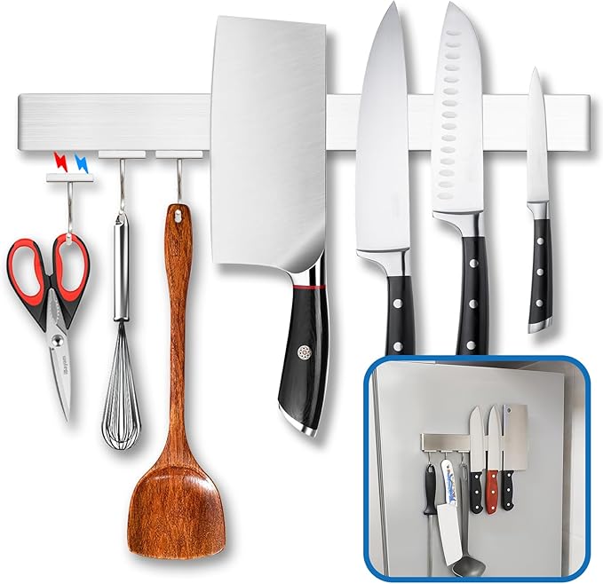 YIIYIIN 16 Inch Magnetic Knife Holder for Fridge with Magnetic Hooks -Double Sided Refrigerator Magnetic Knife Strip - 304 Stainless Steel Kitchen Utensil Holder/Hanger/Rack/Bar