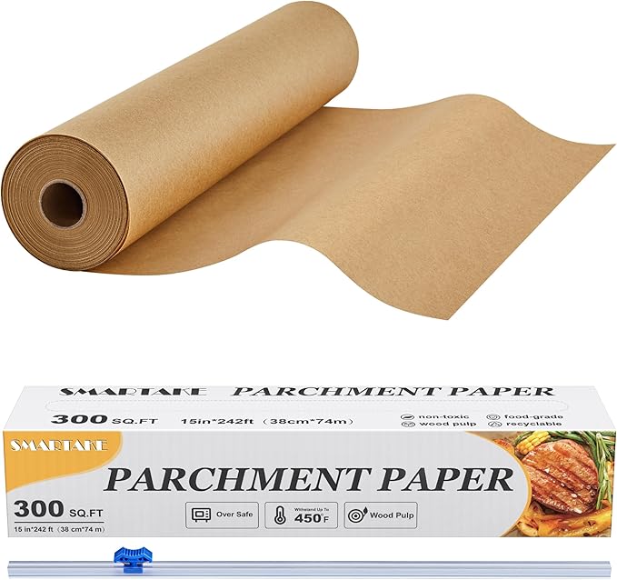 SMARTAKE Parchment Paper Roll for Baking, 15 in x 242 ft, 300 sq.ft, Non-Stick Baking Paper Sheets with Slide Cutter, Heavy Duty Extra Long, for Kitchen Baking Cooking Grilling Steaming, Unbleached
