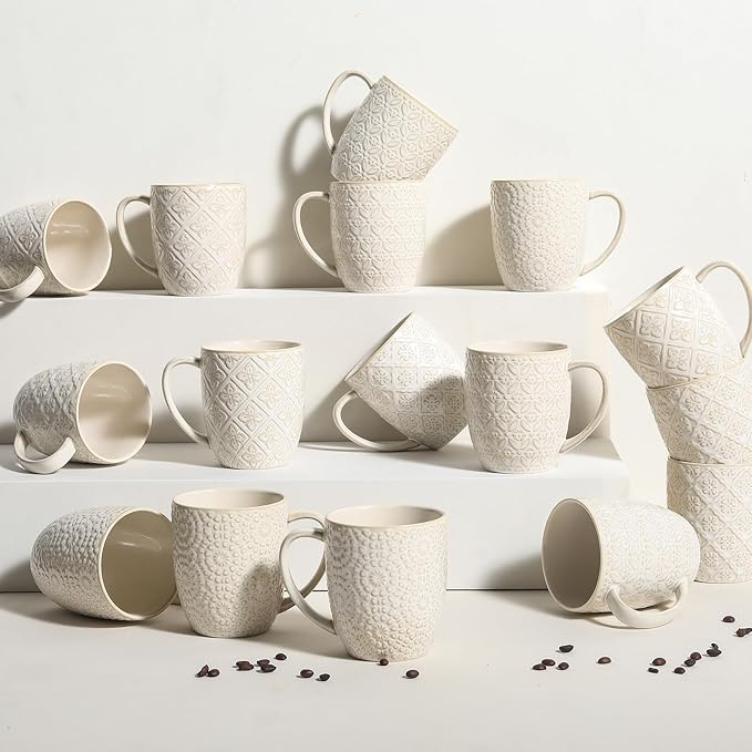 Coffee Mugs Set of 4, 16 Oz Ceramic Coffee Mugs, Large Porcelain Embossed Cups for Cocoa, Tea, Milk, Mocha, Cappuccino, Microwave & Dishwasher Safe, Comfort Handle, 3.5 x 4.5 inch