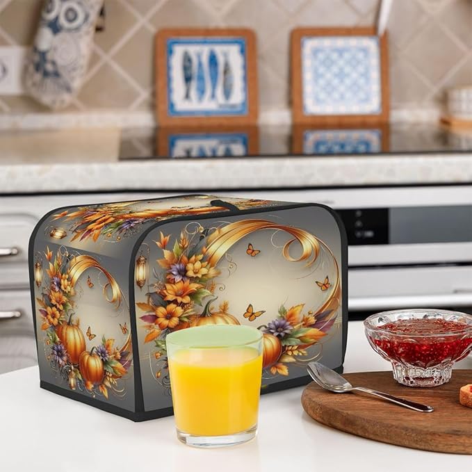 Art Fall Pumpkin Flower Toaster Cover 4 Slice Dust and Fingerprint Protection Toaster Bread Maker Covers Washable Kitchen Small Appliance Covers for Kitchen Accessories Decor Bakeware Women Gift