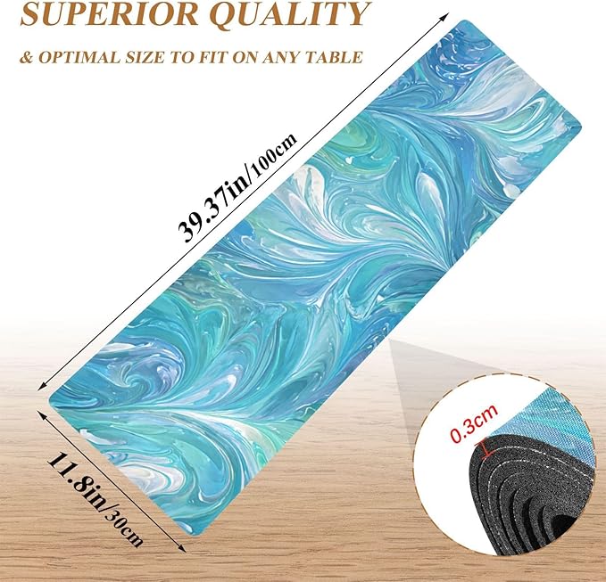 2 in 1 Table Runner Trivet for Hot Pots and Pans Heat Resistant Non Slip Waterproof 39 x 12 Inch Decorative Table Protector for Kitchen Countertop Turquoise Blue Swirl Marble