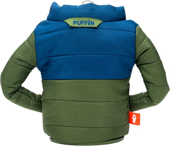 Puffin - The Puffy Jacket - Insulated 12 oz Can Cooler I Beer Bottle & Soda Can Insulator, Keep Drinks and Beverages Cold - Olive Green/Sailor Blue | Beer Bottle & Soda Can Insulator, Keep Drinks and Beverages Cold