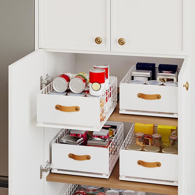 Pull Out Cabinet Organizer, 1 Pack No-Drill Pantry Drawers, Slide Out Shelves with Bamboo Risers for Lipped Cabinets,Ideal for Kitchen, Bathroom & Under Sink Storage (White, 11.8"Wide-15.7"Deep)