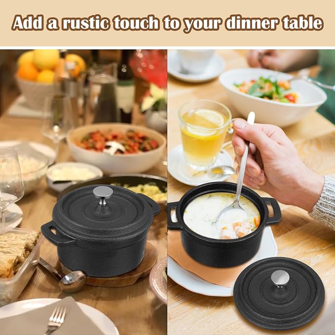 4 Pcs Mini Dutch Oven, 500F Small Round Iron Cocotte Black Dutch Oven Pot with Lid and Dual Handles Cast Iron Pot for Stovetop Use Marinate Cook Bake Refrigerate, Individual Servings(20 oz)