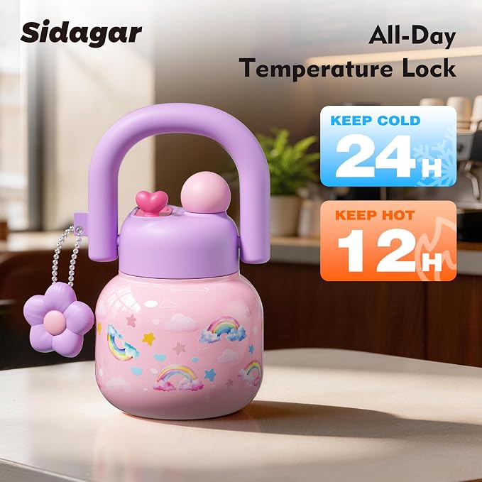 22 oz Tumbler with Straw and Carry Handle, Wide Mouth Insulated Stainless Steel Travel Water Bottle, Leakproof Flask for Nursery, Kawaii Aesthetic Purple Water Jug with 3D Charm