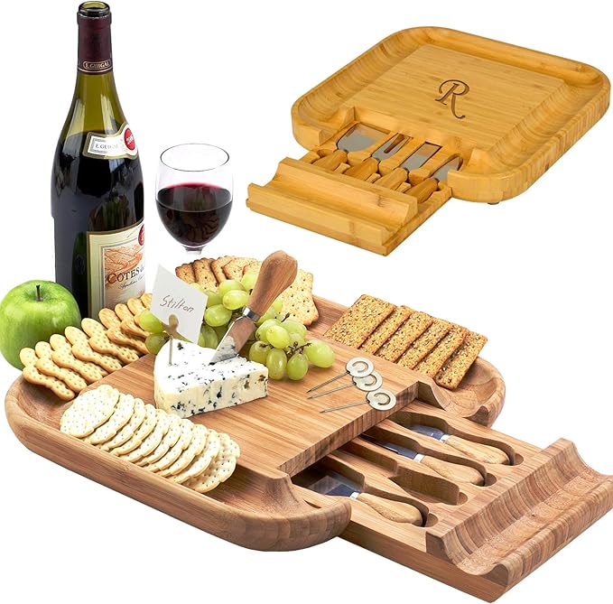 Picnic at Ascot Personalized Monogrammed Engraved Bamboo Cutting Board for Cheese & Charcuterie with Knife Set & Cheese Markers- Designed & Quality Checked in USA