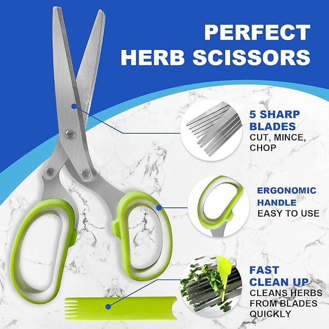 2 Pack Green Herb Scissors, Shallot Scissors, Multipurpose 5 Blade Kitchen Herb Shears, Herb Cutter with Safety Cover and Cleaning Comb for Chopping Shallot Basil Chive Parsley