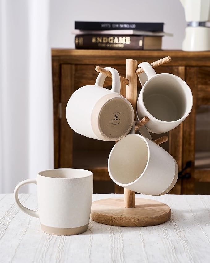 famiware Coffee Mugs Set of 4, Milkyway 13 oz Mug Set, Ceramic Cup Set with Handle for Coffee, Tea, Cocoa, Milk, Matte White + Matte Dark Charcoal (Pack of 2)