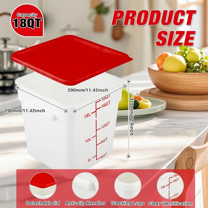 2 Pack Square Food Storage Container With Lid,12-22 Quart Commercial Storage Box With Scale & Handle,Cake Making,Dough Marinating Meat,Kitchen Supplies (Polypropylene, 19 Quart)