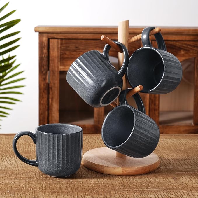 famiware Coffee Mugs Set of 4, Starlight 11 oz Mug Cup Set with Handle for Coffee, Tea, Cocoa, Milk - Ceramic Stoneware Mug Set, Matte Black Grey