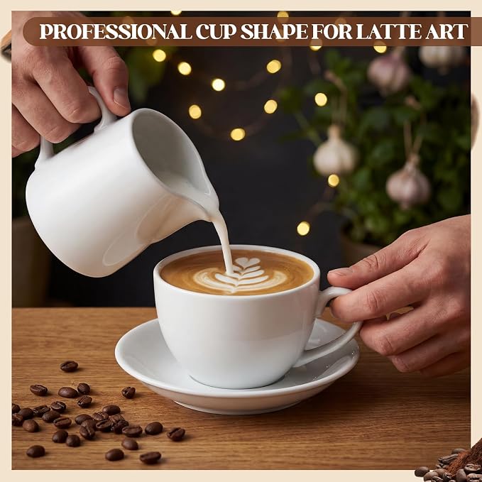 4 Set 16 oz Cappuccino Cups with Saucers Large Ceramic Coffee Mugs White Espresso Cup and Saucer Set Heavyweight Porcelain Housewarming Gift for Tea Espresso Latte Kitchen Cafe