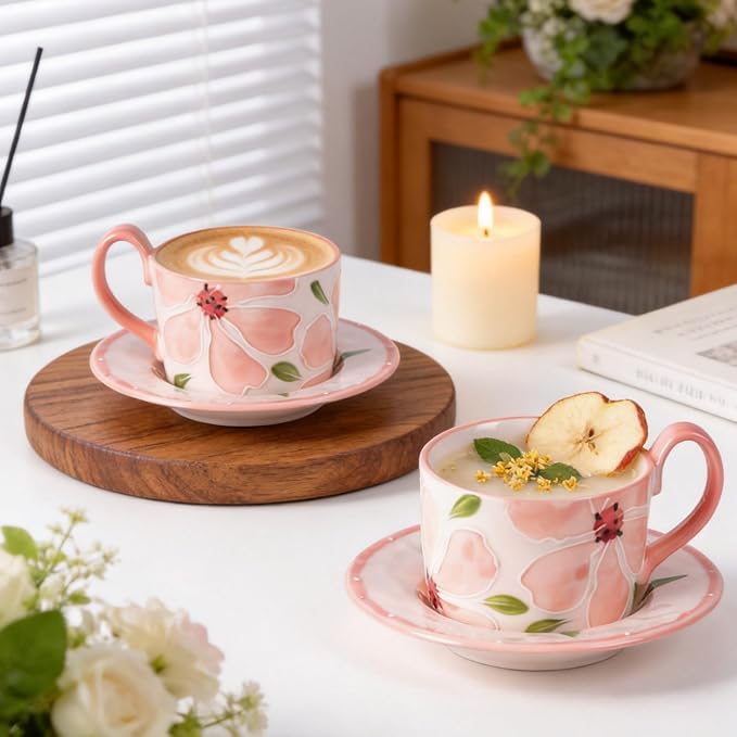 KAMMAK Tea Cups and Saucers Set of 2, Porcelain Coffee Cups, 8.5-Ounce Stackable Espresso Mugs, Ceramic Demitasse for Coffee, Latte, Americano, GX20