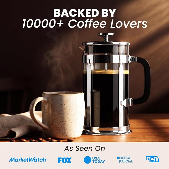 EzDtach French Press Coffee Maker 34oz Chrome – Borosilicate Glass Pot with 304 Grade Stainless Steel French Press, Double Filter and 2 Extra Screens for Rich, Full-Bodied Flavor at Home or Office