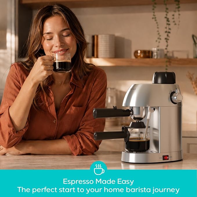 CASABREWS 3.5 Bar 4 Cup Espresso Cappuccino Machine with Milk Frother | Stainless Steel, Milk Frother, Dual Safety Switches, 800W, Compact for Home, Brew Espresso, Latte, Cappuccino, Iced Coffee