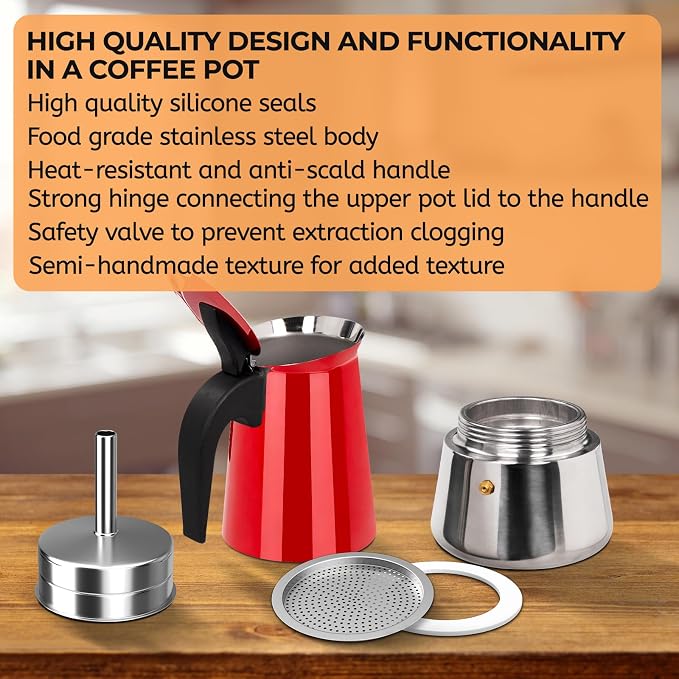 4 Cup 200ml Moka Pot Stainless Steel Espresso Coffee Maker Stovetop Coffeemaker Italian Classic Style Brewing Greca Cafe Mocha Machine for Cafeteras Lover Camping Travel and Home Use 6.6oz