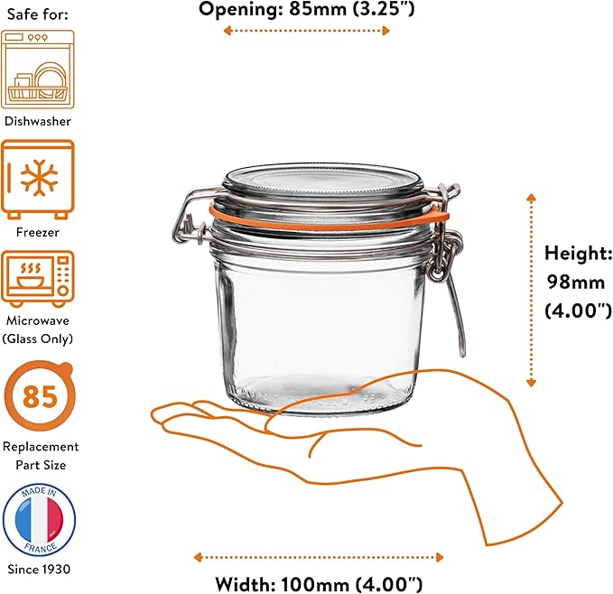 Le Parfait Super Terrine 350mL (12oz) Zero Waste Eco-Friendly Glass Canning Jars, Airtight Rubber Seal & Wire Bail Lid, BPA-Free, Water Bath Safe for Food Storage & Preserving, Made in France, 4PK