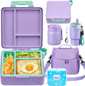 Pawtong Lunch Box Set with Bento Box Container, 17OZ Stainless Steel Food Soup Thermo, Kids Water Bottle & Portable Insulated Lunch Bag – Leakproof, Hot/Cold Retention for School, Travel (Purple)