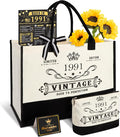 YeohJoy 35th Birthday Gift for Her Canvas Tote Bag Travel Gear, Unique 35 Years Old Birthday Gifts for Mom Wife Aunt Friends Her, Vintage 1991 Handbag & Makeup Bag & 35th Greeting Card