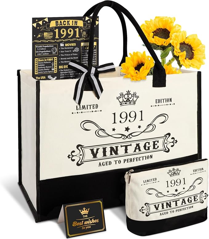 YeohJoy 35th Birthday Gift for Her Canvas Tote Bag Travel Gear, Unique 35 Years Old Birthday Gifts for Mom Wife Aunt Friends Her, Vintage 1991 Handbag & Makeup Bag & 35th Greeting Card