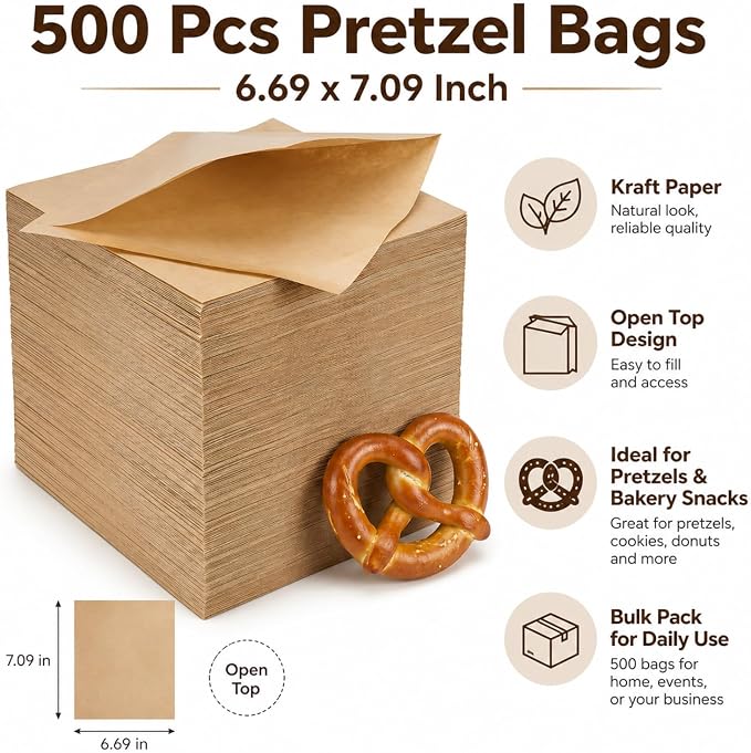 Colarr 500 Pcs Soft Pretzel Bags 6.69 x 7.09 Inch Pretzels Individual Bags Grease Resistant Double Open Paper Sandwich Wrapper Holder for Concession Stands Food Snack Cookie, Brown