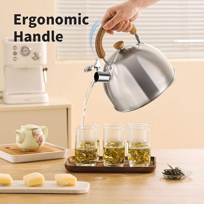 18/8 Stainless Steel Tea Kettle for Stovetop (5L / 5.29 Quart, Whistling Tea Pot, Wood Handle)-Silver