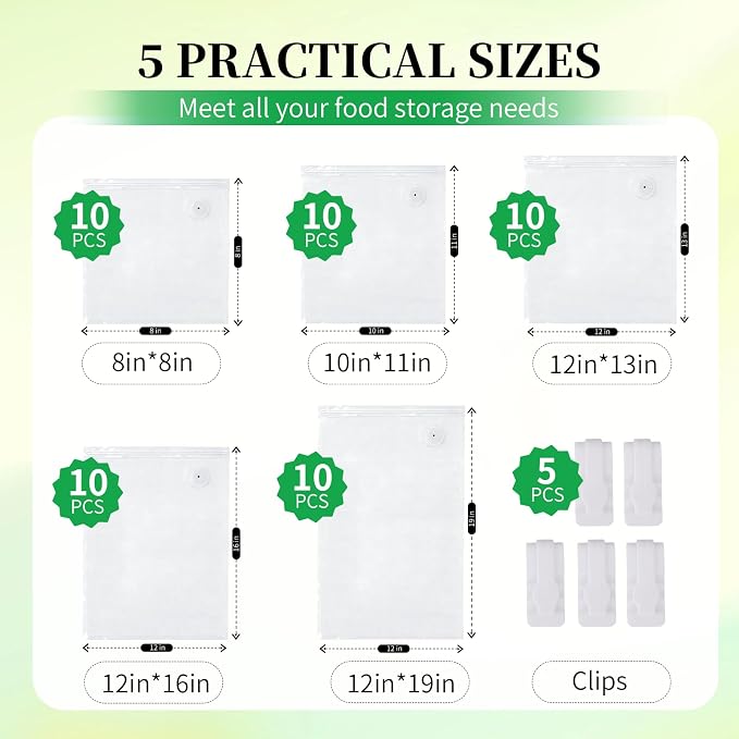 VISRIE 50 Pack Reusable Vacuum Sealer Bags for Food, 5 Assorted Sizes, BPA-Free Food Storage Bag for Sous Vide Cooking or Microwave Heating, Compatible with Handheld Sealer and Vac Sealer Machine