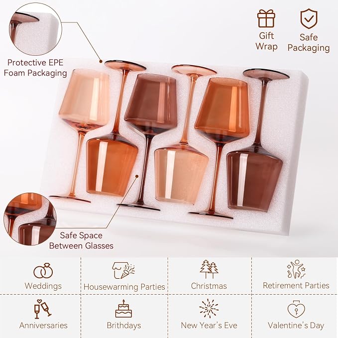 Brown Wine Glasses Set of 6-18oz【Hand Blown】 Crystal Amber Stemmed Venus Wine Glasses-Brown Wine Glass set for Fall Autumn Winter Wine Dinner