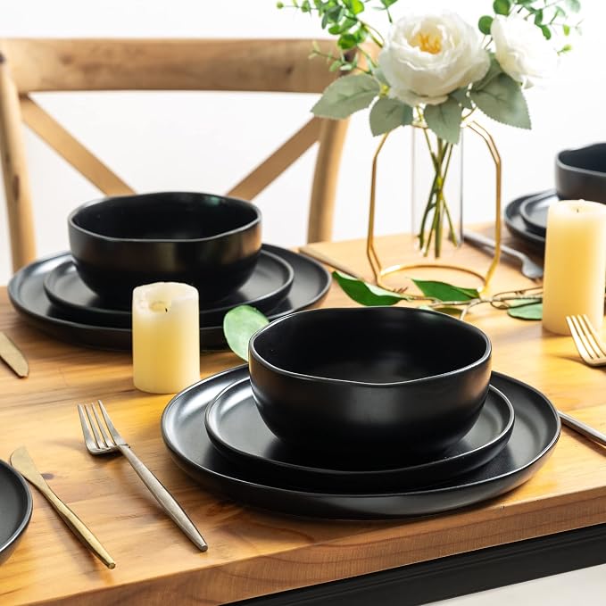 AmorArc Ceramic Dinnerware Sets, Wavy Rim Stoneware Plates and Bowls Sets,Dishwasher & Microwave & Oven Safe Dishes set, Service for 4 (12pc)-Mix Color