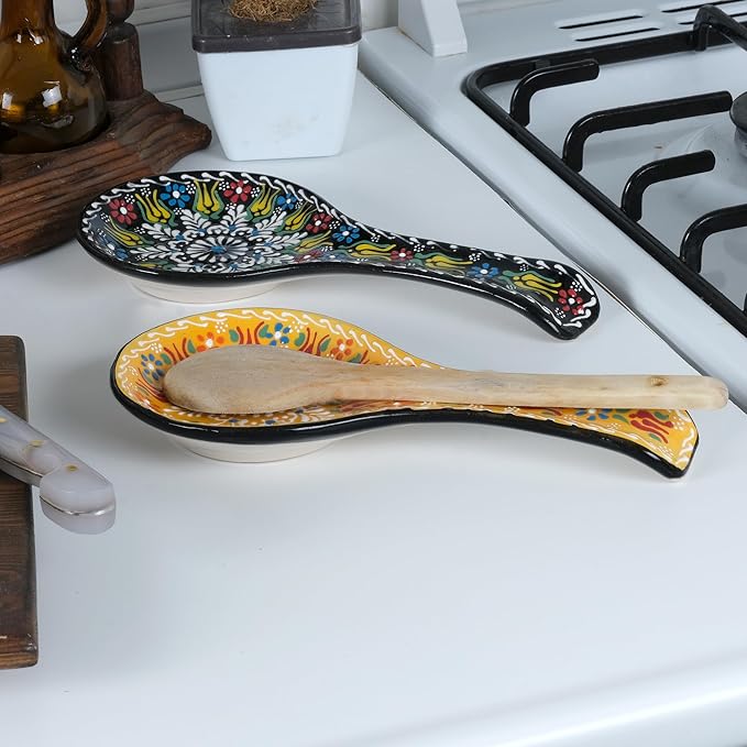 BCS Spoon Rest Set of 2 - Ceramic Spoon Holder for Stovetop & Kitchen Counter - Dishwasher Safe Handmade Kitchen Utensil (Black-Yellow 4.5” W x 9" L)