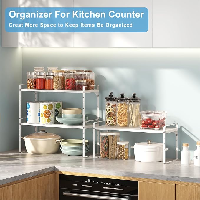 15.5 to 25.5 Inch Expandable Kitchen Cabinet Organizer Shelf, 30 LBS Heavy Duty Stackable Kitchen Counter Storage Shelves Organizers, 2 Pack Adjustable Small Storage Shelf Rack For Cabinet Cupboard