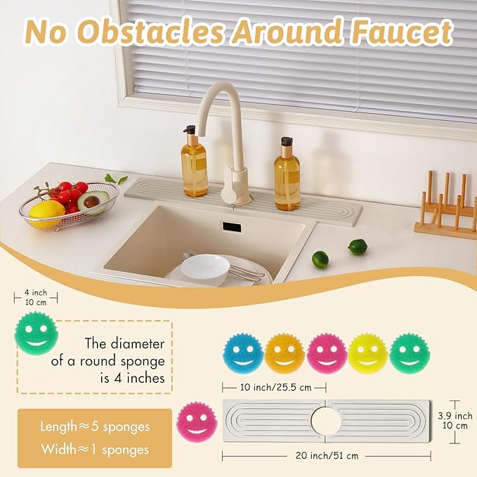 Stone Faucet Mat Handle Drip Catcher, Dish Drying Mat Soap Sponge Holder Tray for Kitchen Accessories, Bathroom Counter Sink Splash Guard, Home Organization Gadgets Organizer for Farmhouse, Ash Gray