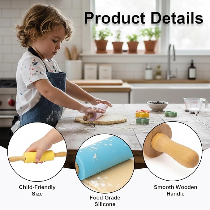 10 Pack Kids Rolling Pins, 9 Inch Small Silicone Rolling Pin with Wooden Handle for Baking Dough Cookie Fondant Pastry, Colorful Rolling Pins for Kids and Adults