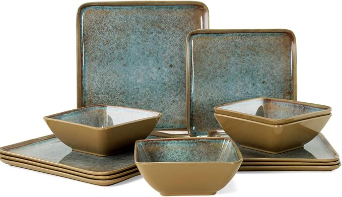 Square Melamine Dinnerware Sets of 12 Pcs,Square Plates and Bowls Sets,Unbreakable Dish Set for 4,Lightweight, Dishwasher Safe and BPA Free,Suit for RV,Camping