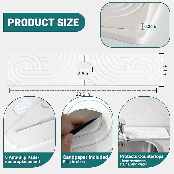 Hopegiver Stone Faucet Mat for Kitchen Sink - Fast Drying Diatomite Sink Protector Prevent Moisture, Super Water Absorbing Stone Tray for Kitchen & Bathroom Counter (White Line, 23.6"x5.1")