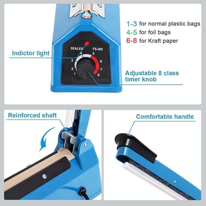 16 Inch Impulse Heat Sealer Machine for Plastic Bags PE PP Bags and Kraft Paper Bag, Cookie Bag Sealer, Manual Poly Bag Hot Seal Sealing Machine with Extra Replace Element Grip