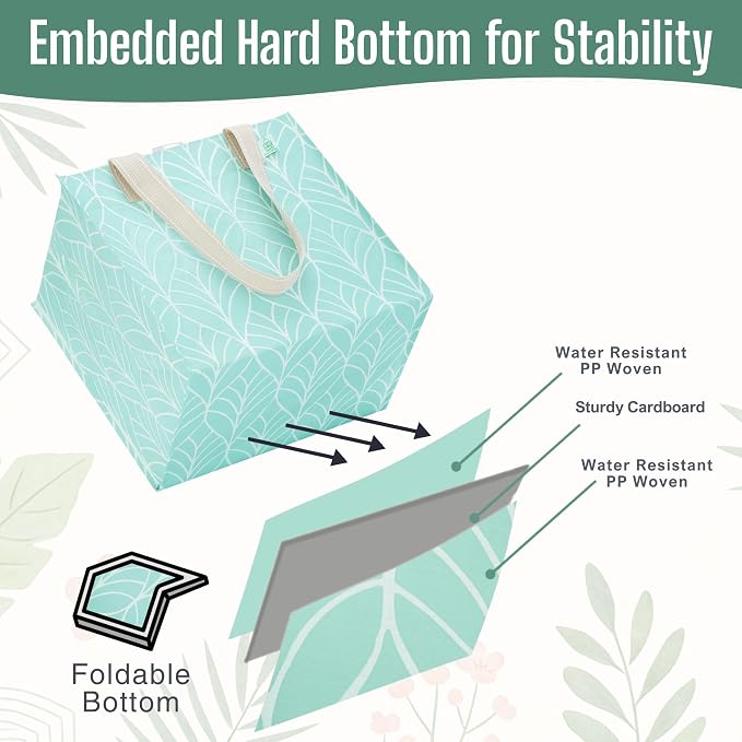 VENO 4 Pack Reusable Grocery Shopping Bags, Heavy-Duty Tote Bags with Handles, for Shopping Cart with Hard Bottom to Stand Upright, Foldable (Evergreen, 4 Pack)