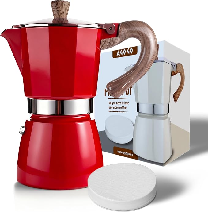AGOGO Milano Moka Pot Stovetop Espresso Maker with 100 Paper Filters for Sediment-Free Coffee, Classic Italian Greca with Wood-Grain Handle,Cleaning Brush & Towel 6 Cup (10oz / 300ml) Red
